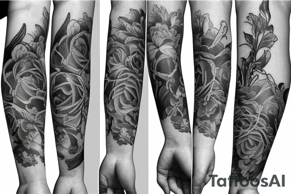 Flower arm sleeve with art women tattoo idea