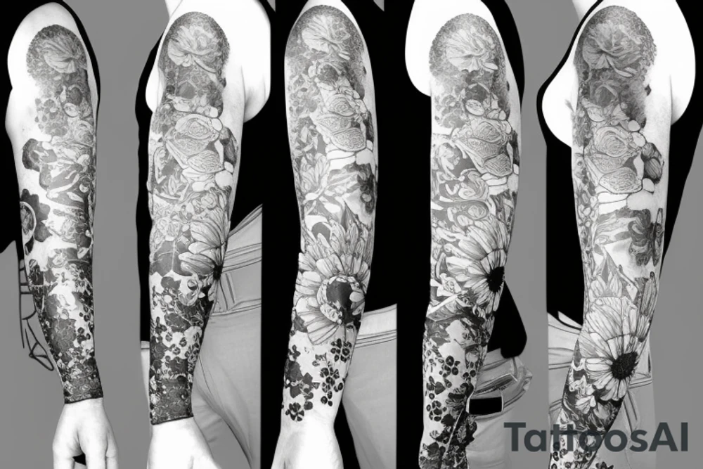 Flower arm sleeve with art women tattoo idea