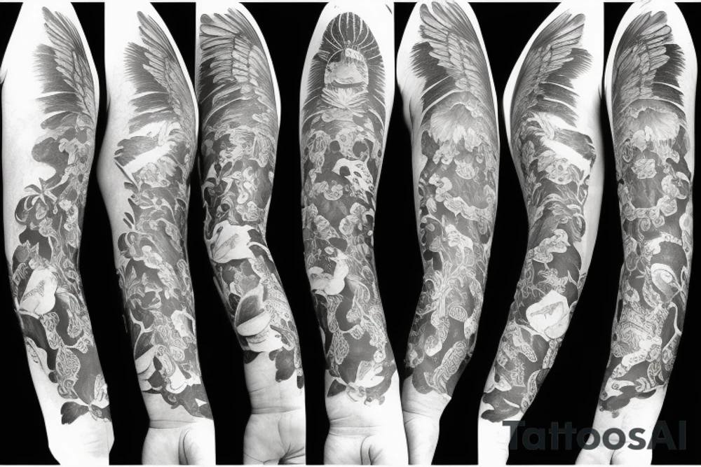 Flowers with angel arm sleeve tattoo idea