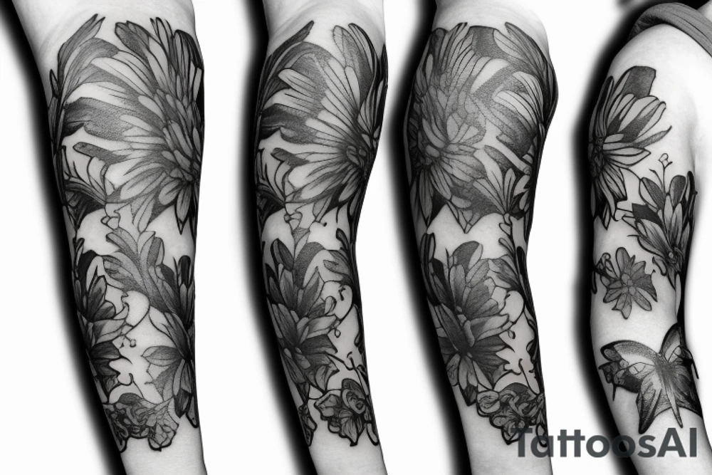 Flowers with angel arm sleeve tattoo idea