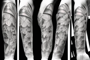 Flowers with devil and angle touching fingers
 arm sleeve tattoo idea