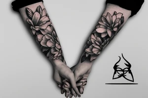 Flowers with devil and angle touching fingers
 arm sleeve tattoo idea