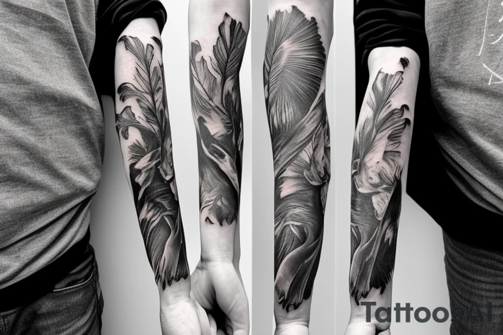 Flowers with devil and angel touching fingers
 arm sleeve tattoo idea