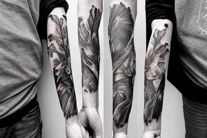 Flowers with devil and angel touching fingers
 arm sleeve tattoo idea