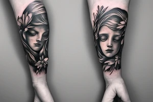 Flowers with devil and angel touching fingers
 arm sleeve tattoo idea