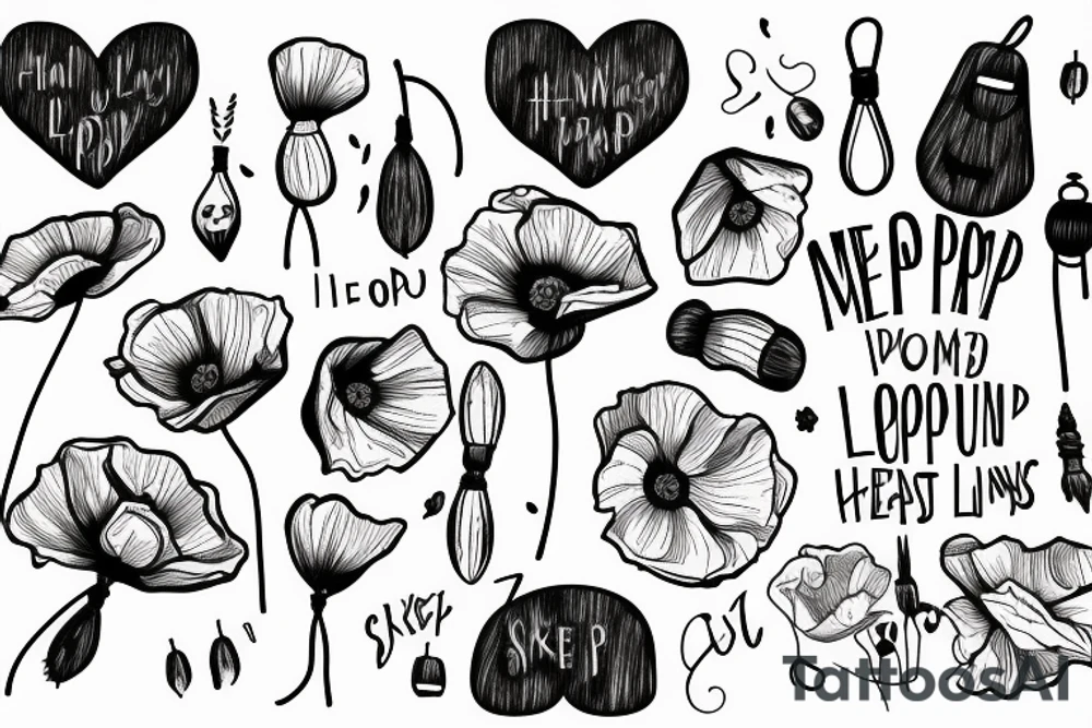 mary poppins with a heart beat line and a poppy flower tattoo idea