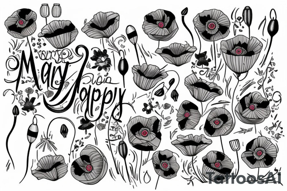 mary poppins with a heart beat line and a poppy flower tattoo idea