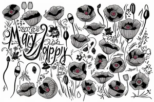 mary poppins with a heart beat line and a poppy flower tattoo idea