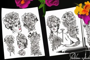 old fashioned british nanny with umbrella and flowers tattoo idea