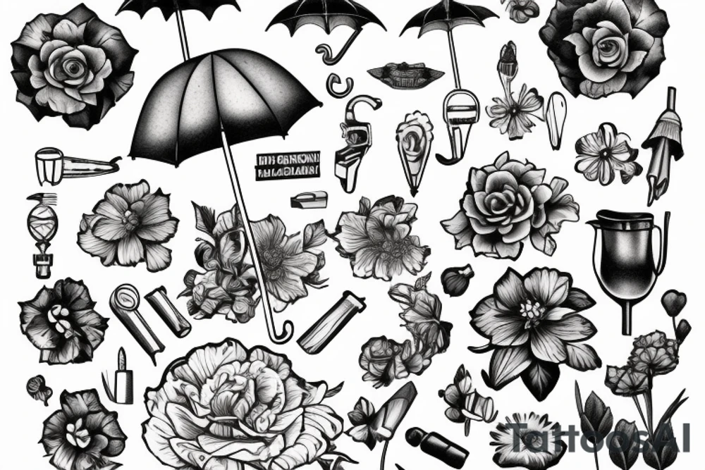 old fashioned british nanny with umbrella and flowers tattoo idea