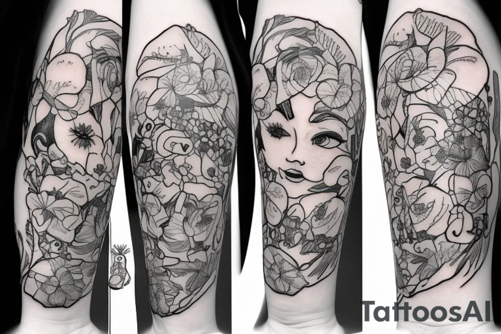 old fashioned British nanny holding umbrella and flowers tattoo idea