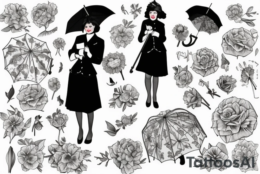 old fashioned British nanny holding umbrella and flowers tattoo idea