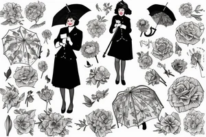 old fashioned British nanny holding umbrella and flowers tattoo idea