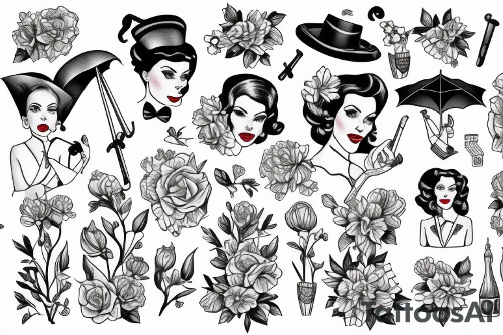 old fashioned British nanny holding umbrella and flowers tattoo idea
