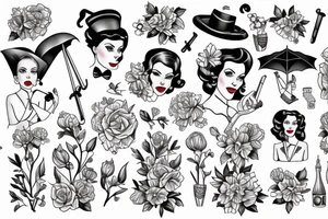 old fashioned British nanny holding umbrella and flowers tattoo idea