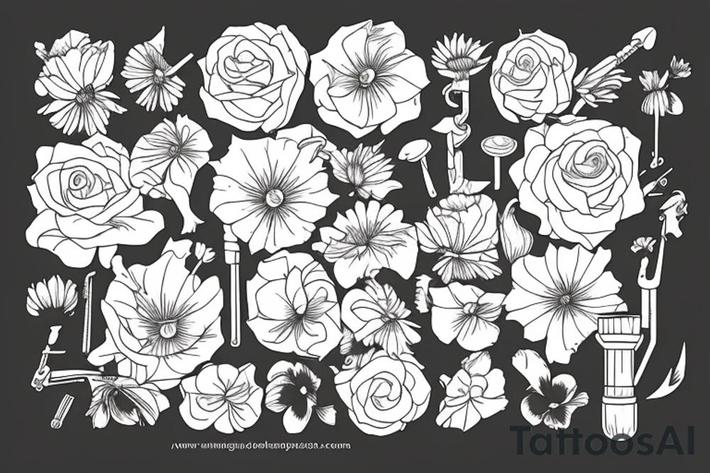 old fashioned British nanny holding umbrella and flowers tattoo idea