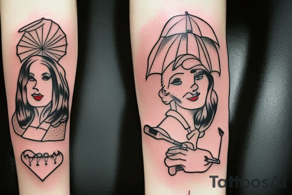 old fashioned British nanny holding umbrella tattoo idea