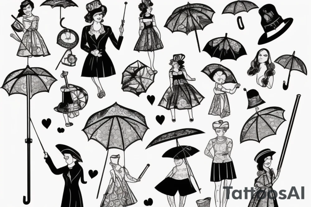 old fashioned British nanny holding umbrella tattoo idea