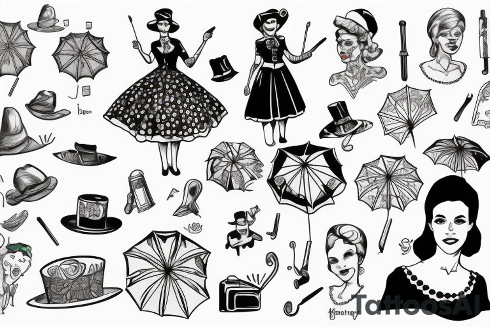 old fashioned British nanny holding umbrella tattoo idea