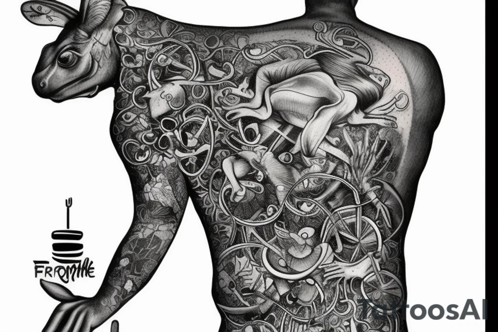 its a full backpiece and on the right side there are a lot of frogs how play piano. On the left side there is a horse who rides a bicycle tattoo idea