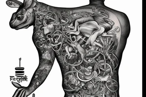 its a full backpiece and on the right side there are a lot of frogs how play piano. On the left side there is a horse who rides a bicycle tattoo idea
