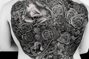 its a full backpiece and on the right side there are a lot of frogs how play piano. On the left side there is a horse who rides a bicycle tattoo idea