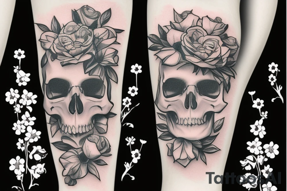 a skull with flowers around and a big hat tattoo idea