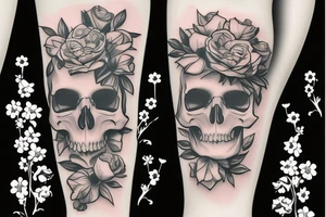 a skull with flowers around and a big hat tattoo idea