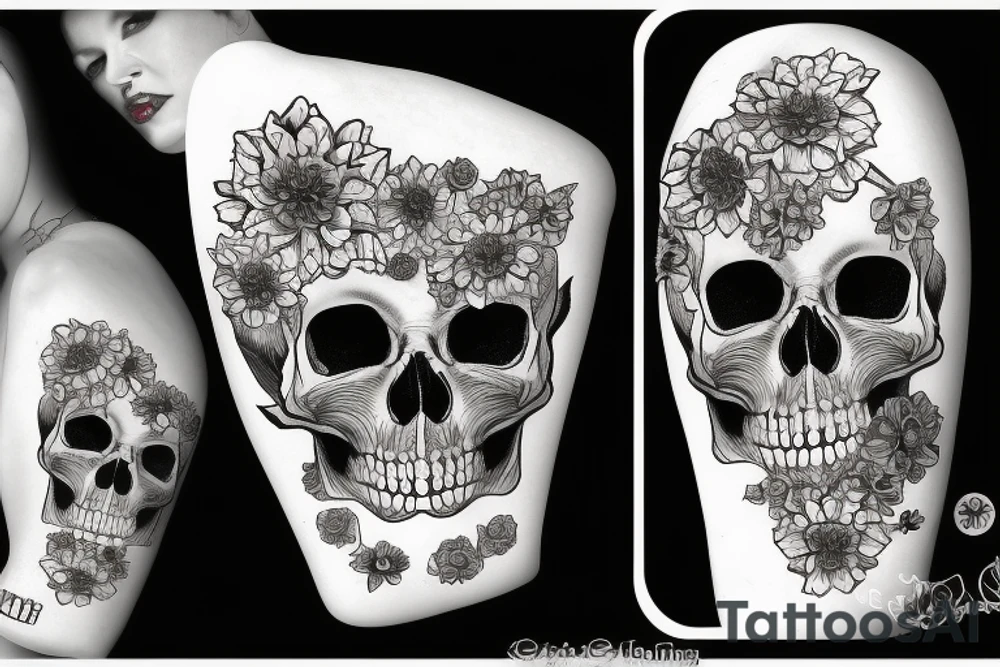 a skull with flowers around and a big hat tattoo idea