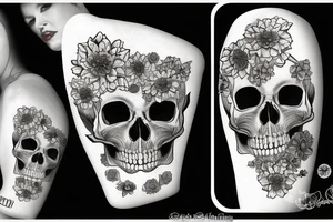 a skull with flowers around and a big hat tattoo idea