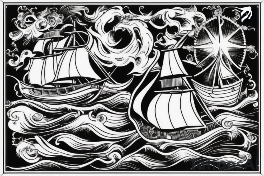 a big pirate ship which break though a wave tattoo idea