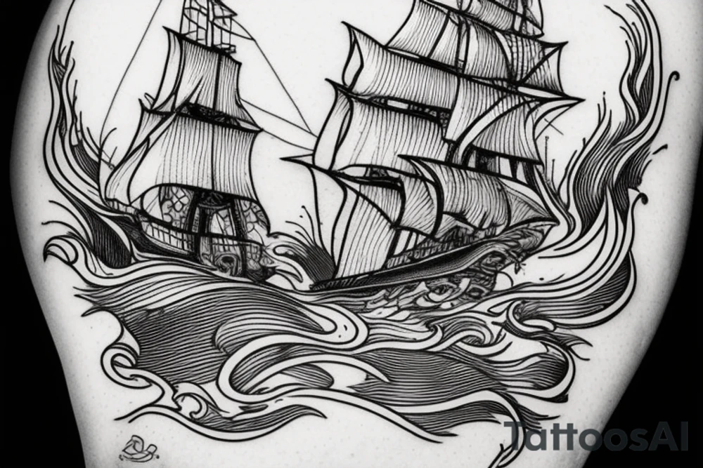 a big pirate ship which break though a wave tattoo idea