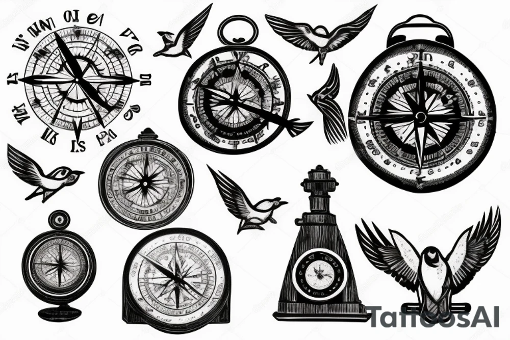 map with a compass and clock over the top and birds flying over tattoo idea