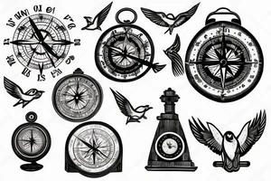 map with a compass and clock over the top and birds flying over tattoo idea