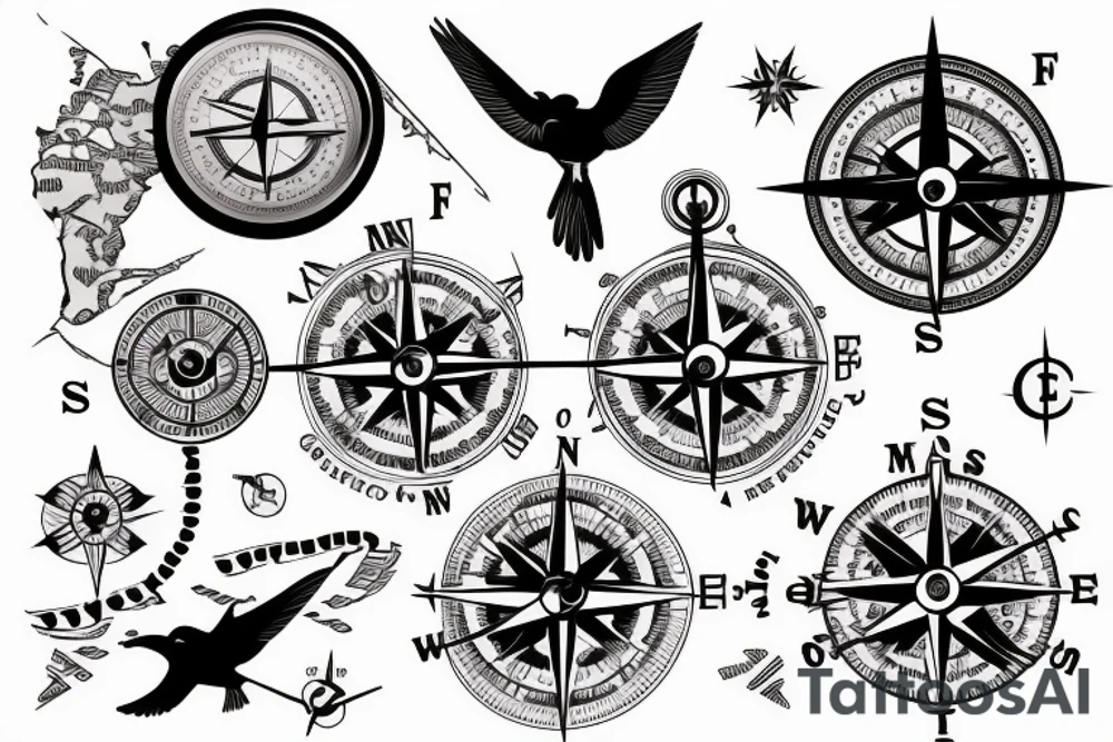 map with a compass and clock over the top and birds flying over tattoo idea