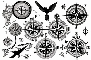 map with a compass and clock over the top and birds flying over tattoo idea