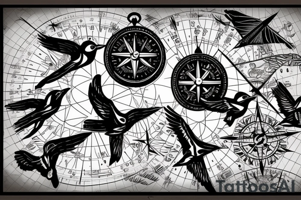 map with birds flying over and a compass and a clock tattoo idea map with birds flying over and a compass and a clock tattoo idea