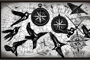 map with birds flying over and a compass and a clock tattoo idea