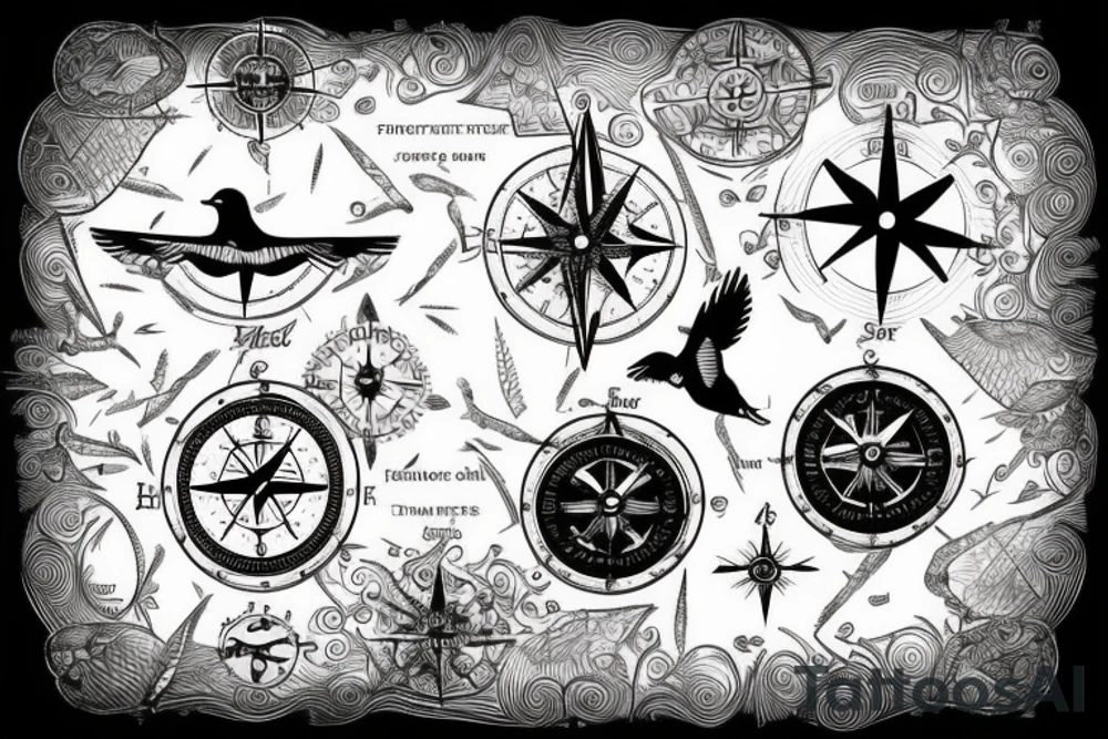 map with birds flying over and a compass and a clock tattoo idea map with birds flying over and a compass and a clock tattoo idea