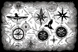 map with birds flying over and a compass and a clock tattoo idea