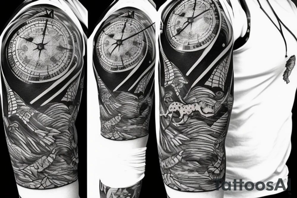 Sleeve with lion clock compass map waves palm tree tattoo idea