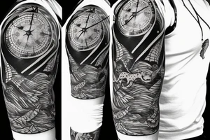 Sleeve with lion clock compass map waves palm tree tattoo idea