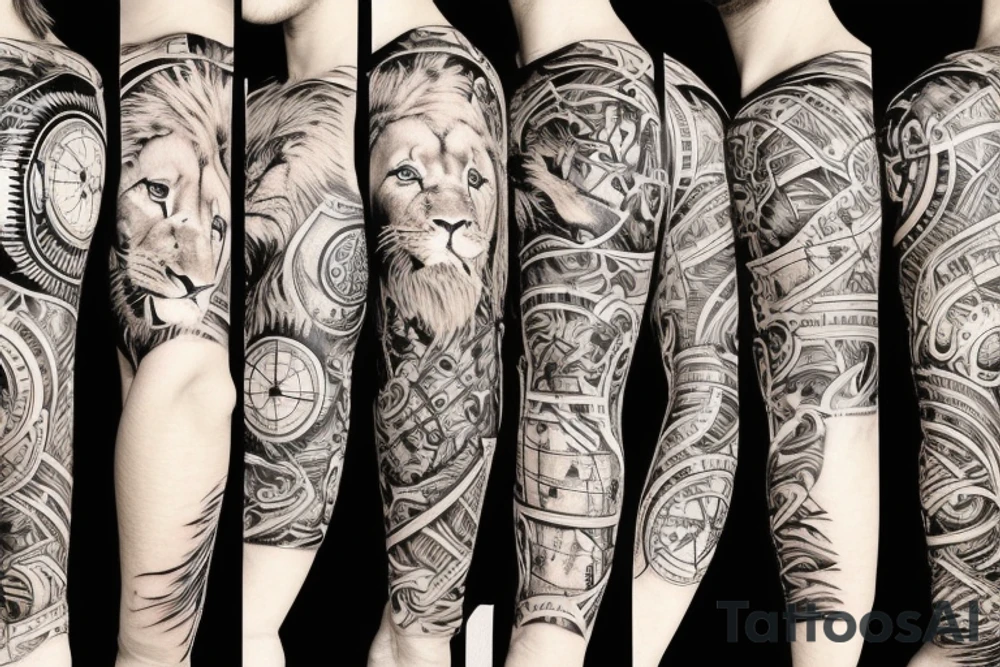 Sleeve with lion clock compass map waves palm tree tattoo idea