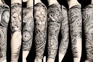 Sleeve with lion clock compass map waves palm tree tattoo idea