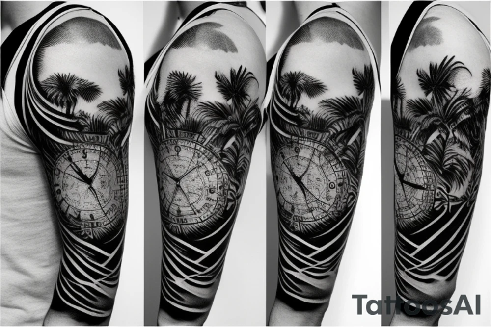 Sleeve with lion clock compass map waves palm tree tattoo idea Sleeve with lion clock compass map waves palm tree tattoo idea