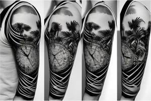 Sleeve with lion clock compass map waves palm tree tattoo idea