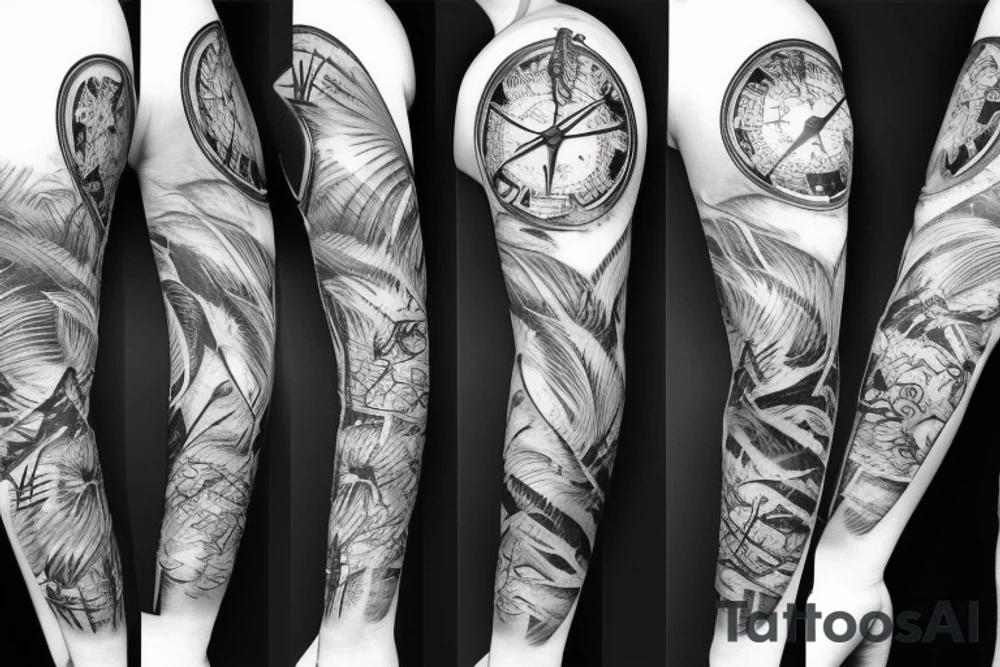Sleeve with lion clock compass map waves palm tree tattoo idea Sleeve with lion clock compass map waves palm tree tattoo idea