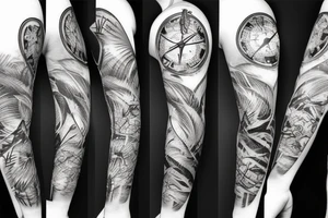 Sleeve with lion clock compass map waves palm tree tattoo idea