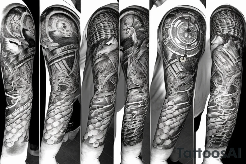 Sleeve with lion clock compass map waves colosseum tattoo idea Sleeve with lion clock compass map waves colosseum tattoo idea