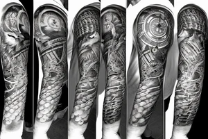 Sleeve with lion clock compass map waves colosseum tattoo idea